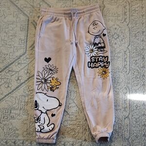 Womens Peanuts Cream Track Pants with Cartoon Graphics. Size Large. Like New.